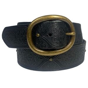 EDDIE BAUER Belt Embossed Leather Sz. Small Black USA Made 1.5" Width #B1314